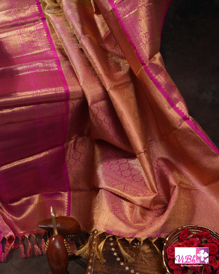 Gold Kanchi Silk Saree with Magenta Pink Border and Ornate Woven Pallu