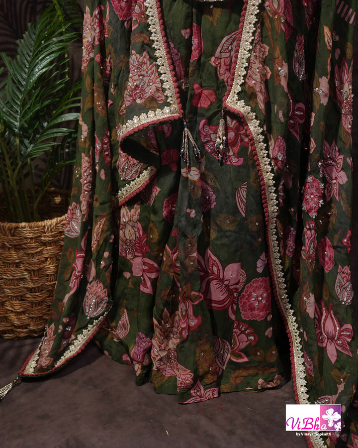 Olive Green Floral Embellished Sharara Set