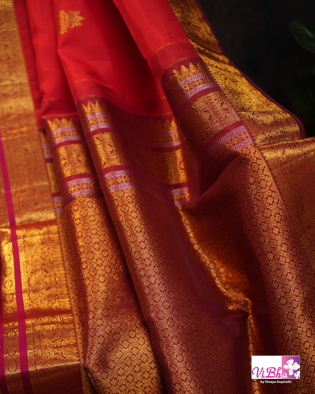 Red Kanchi Silk Saree With Deep Maroon Blouse