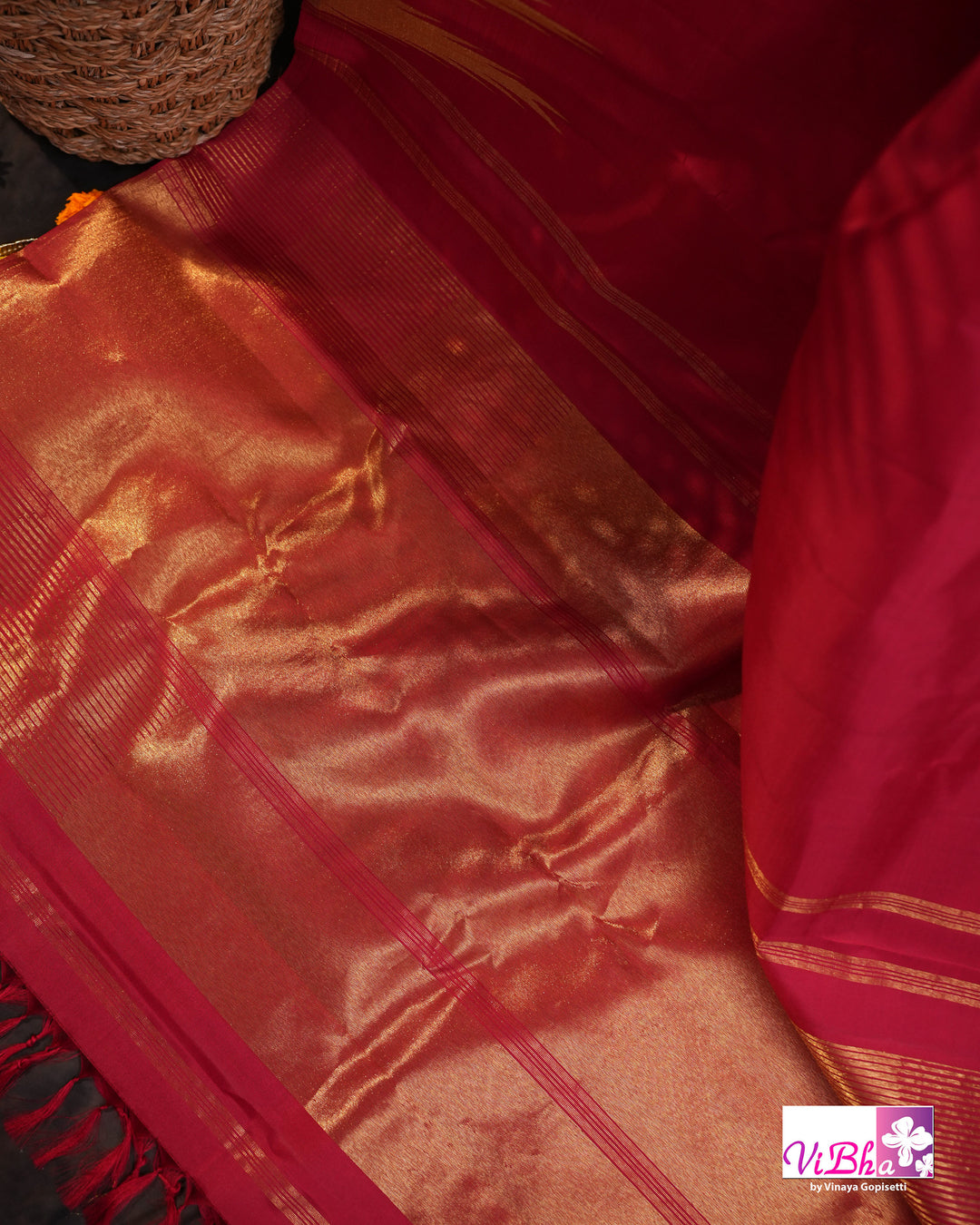 Crimson Handloom Kanchi Silk Saree with Blouse &amp; Zari Temple Border
