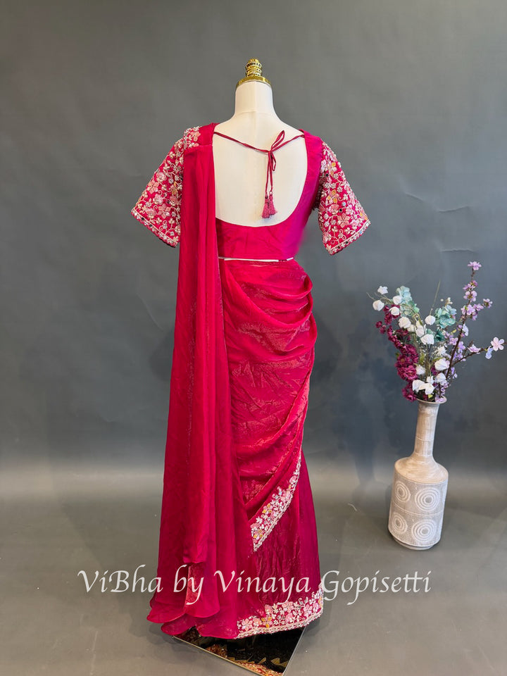 Dark pink glass silk  Pre draped  Saree and blouse