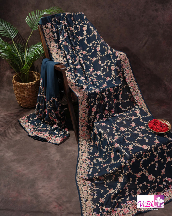 Midnight Blue Designer Saree with Pink and Gold-Toned Floral Embroidery