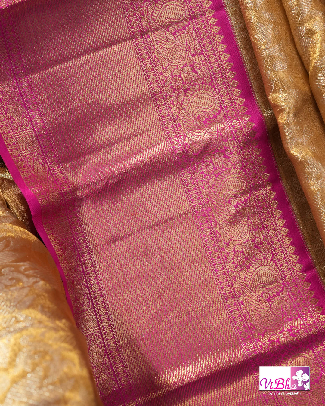 Gold Kanchi Silk Saree with Magenta Pink Border and Ornate Woven Pallu