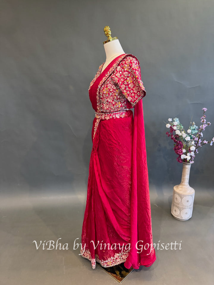 Dark pink glass silk  Pre draped  Saree and blouse