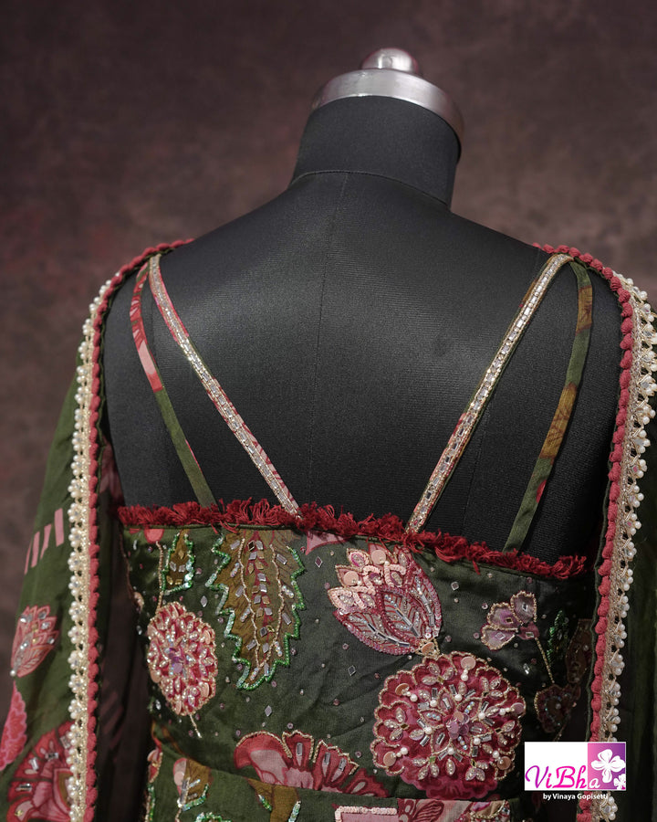Olive Green Floral Embellished Sharara Set