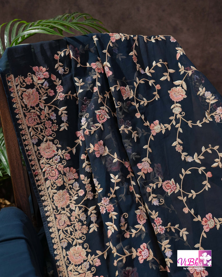Midnight Blue Designer Saree with Pink and Gold-Toned Floral Embroidery