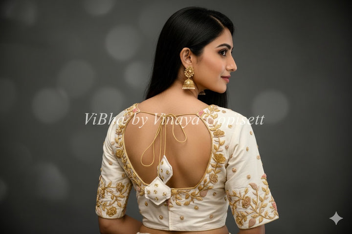 Ivory Raw Silk Blouse With Zardosi Embroidery