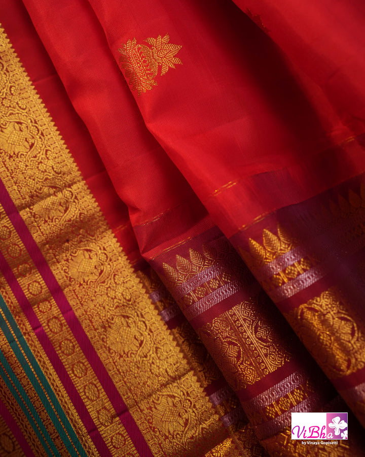 Red Kanchi Silk Saree With Deep Maroon Blouse