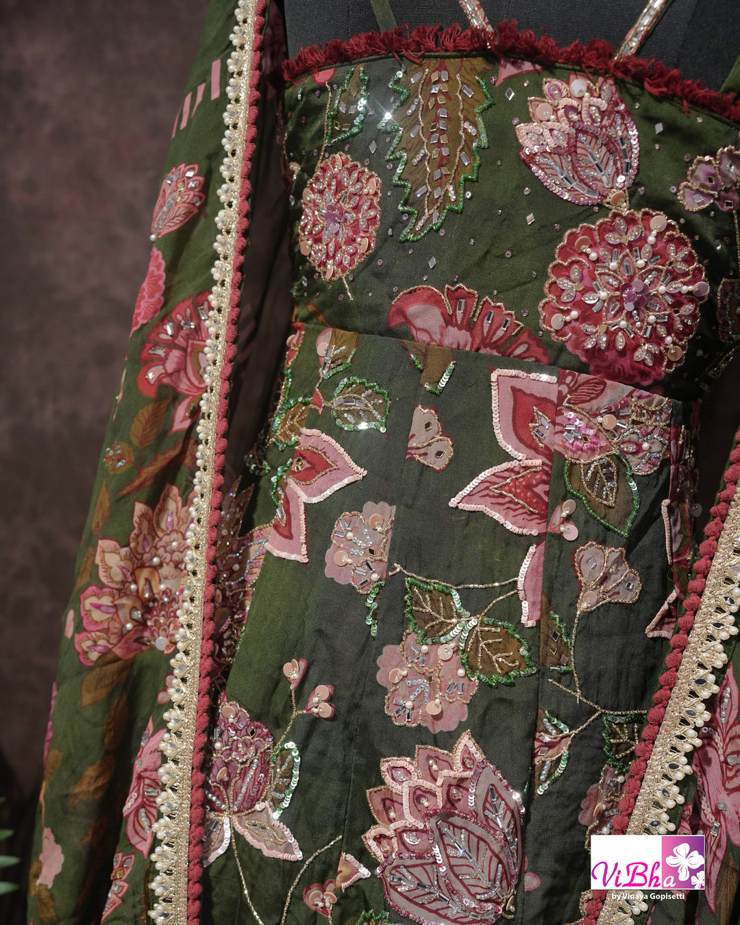 Olive Green Floral Embellished Sharara Set