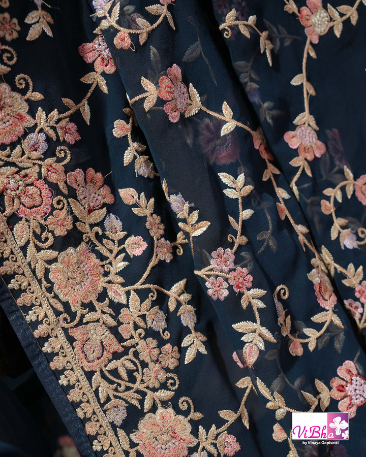 Midnight Blue Designer Saree with Pink and Gold-Toned Floral Embroidery
