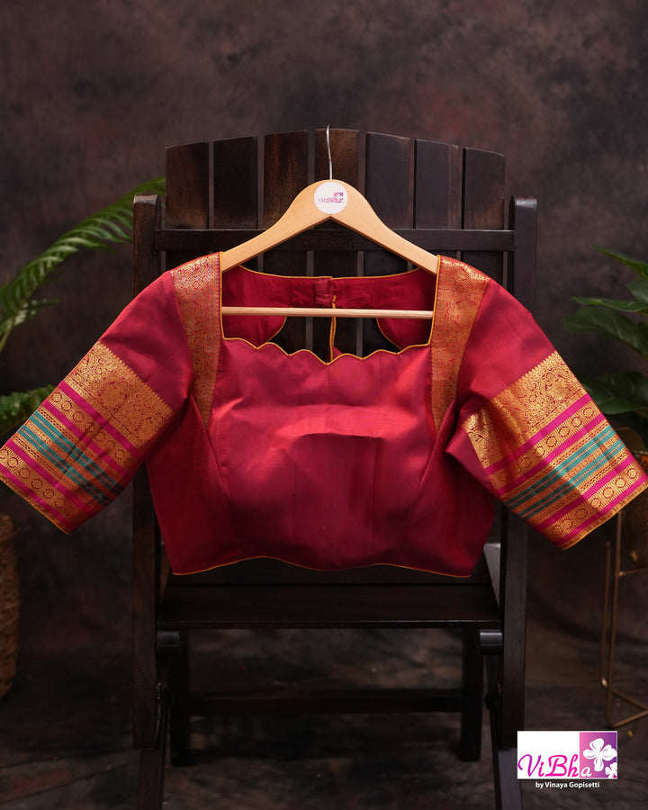 Red Kanchi Silk Saree With Deep Maroon Blouse