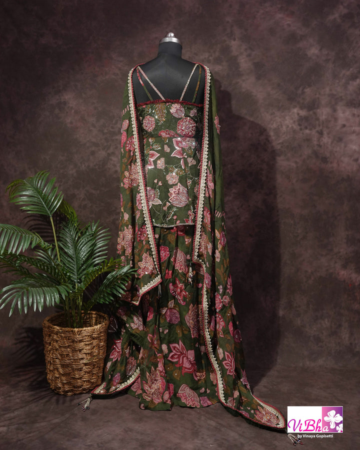 Olive Green Floral Embellished Sharara Set
