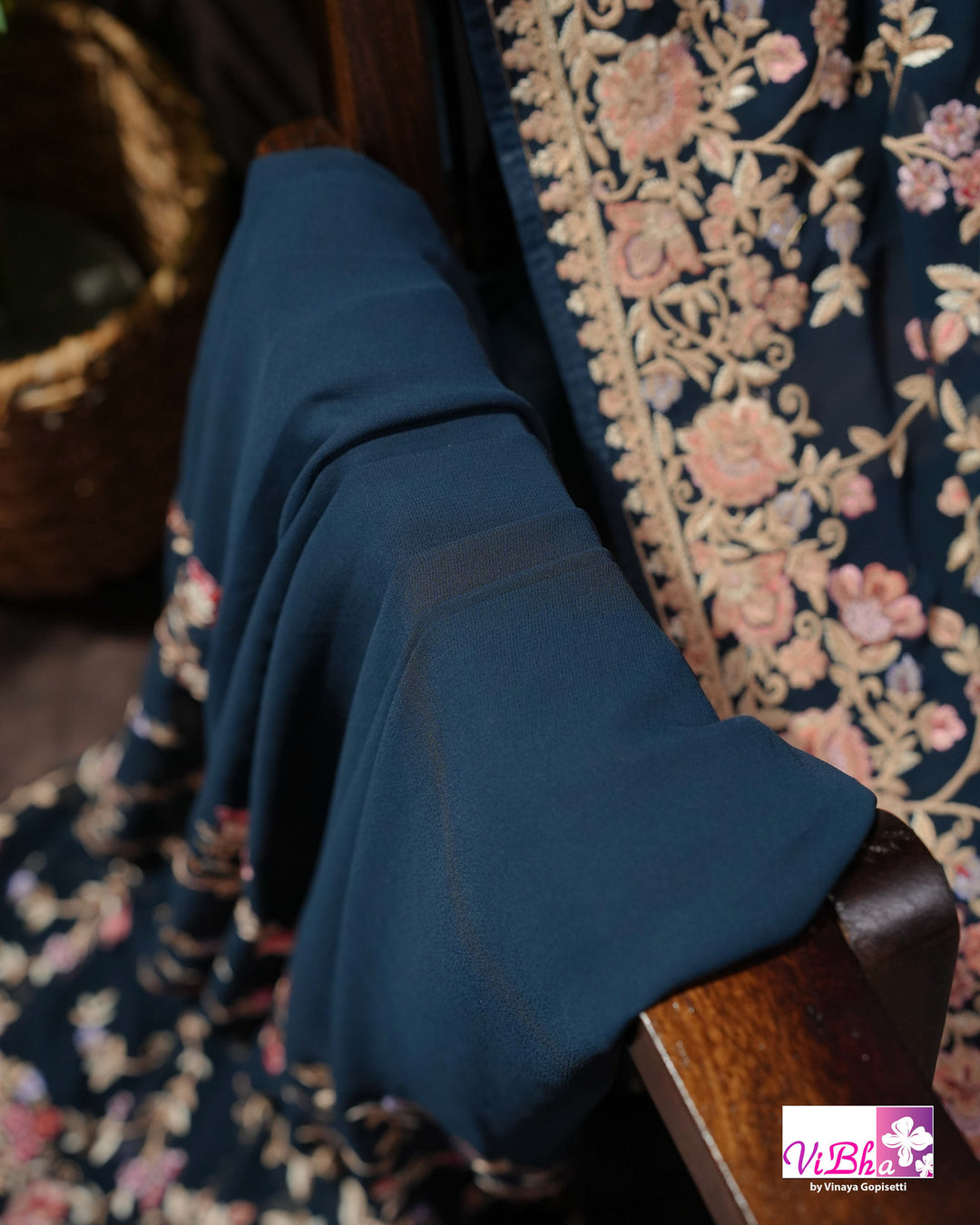 Midnight Blue Designer Saree with Pink and Gold-Toned Floral Embroidery