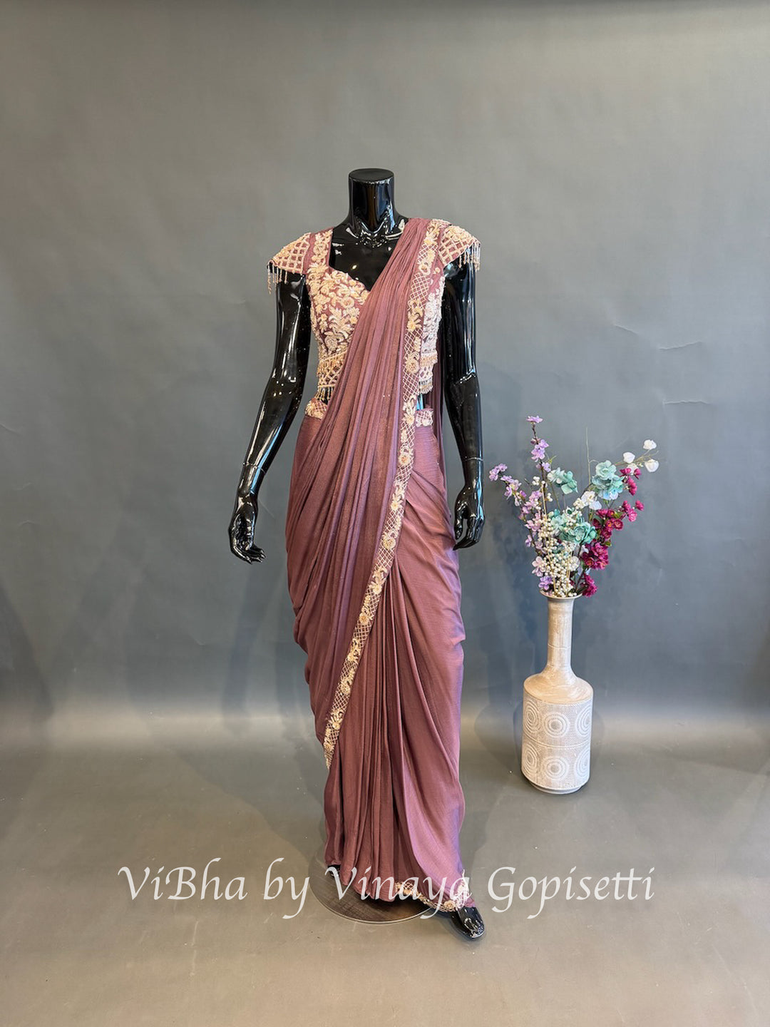 Dark Mauve Skirt Style Embroidered Drape Saree