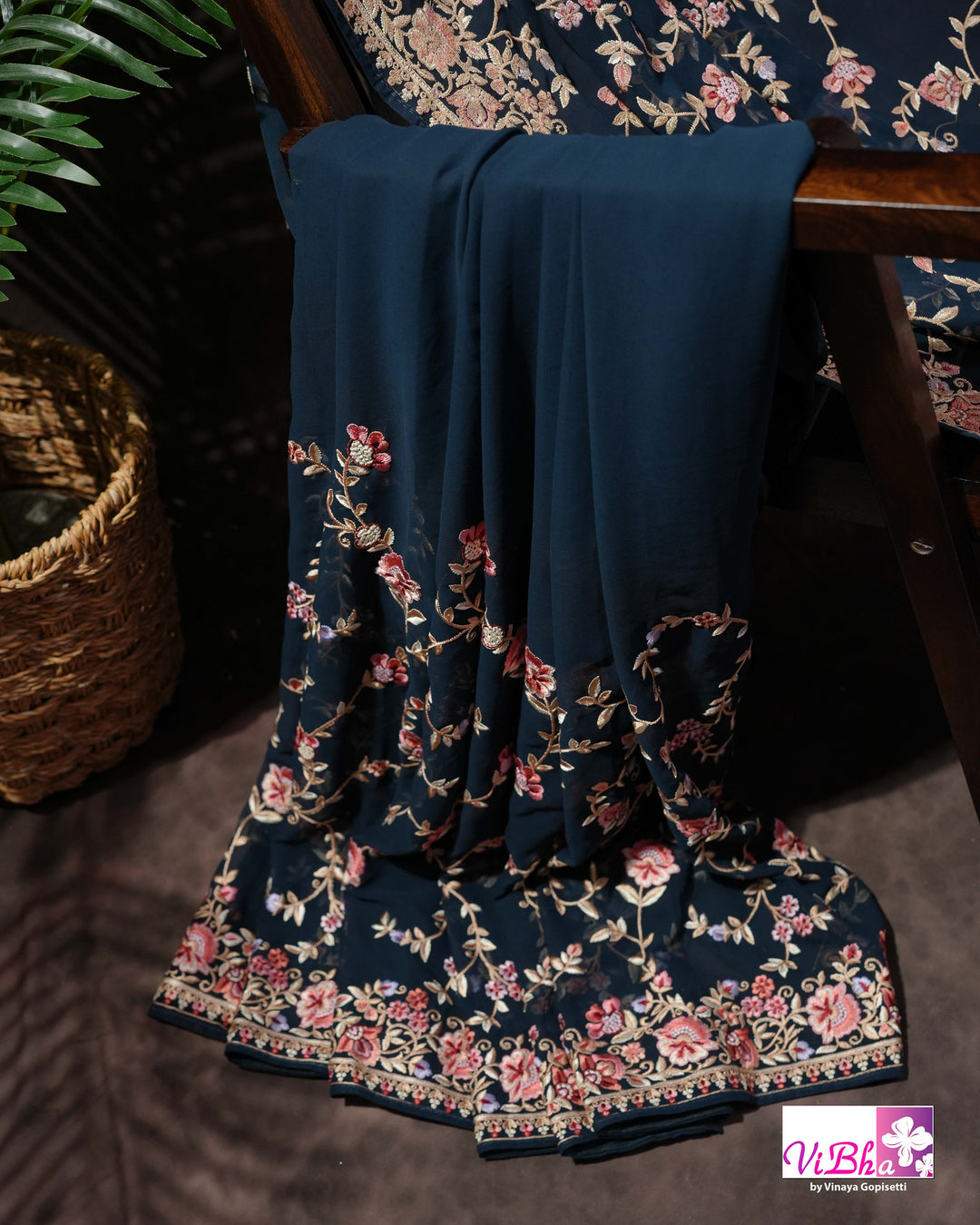 Midnight Blue Designer Saree with Pink and Gold-Toned Floral Embroidery