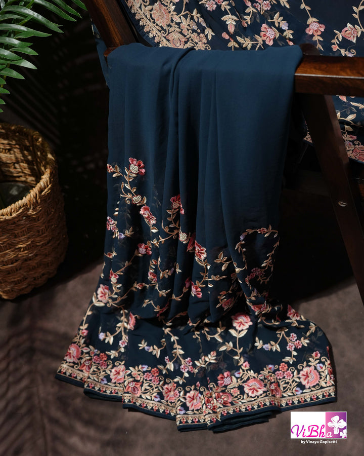 Midnight Blue Designer Saree with Pink and Gold-Toned Floral Embroidery