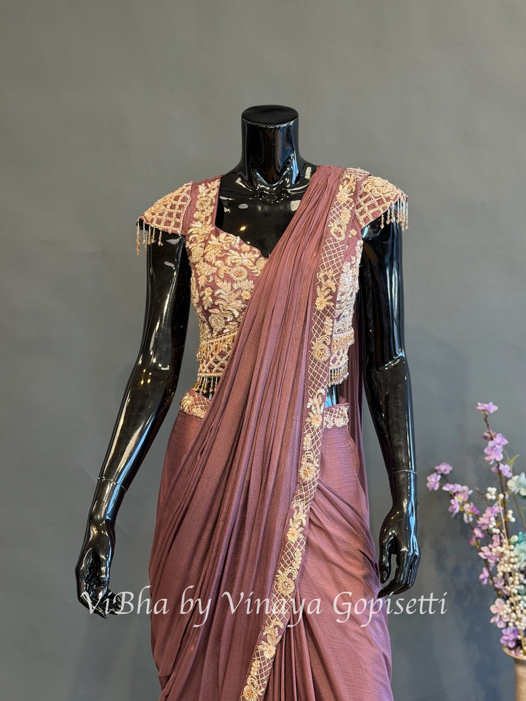 Dark Mauve Skirt Style Embroidered Drape Saree