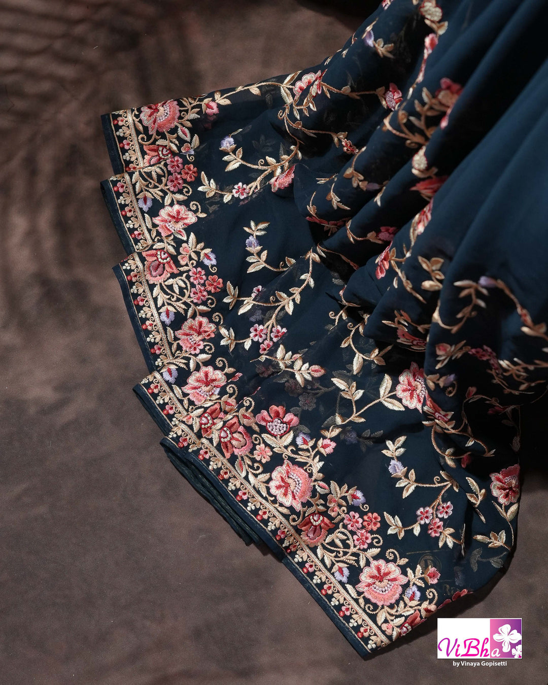 Midnight Blue Designer Saree with Pink and Gold-Toned Floral Embroidery