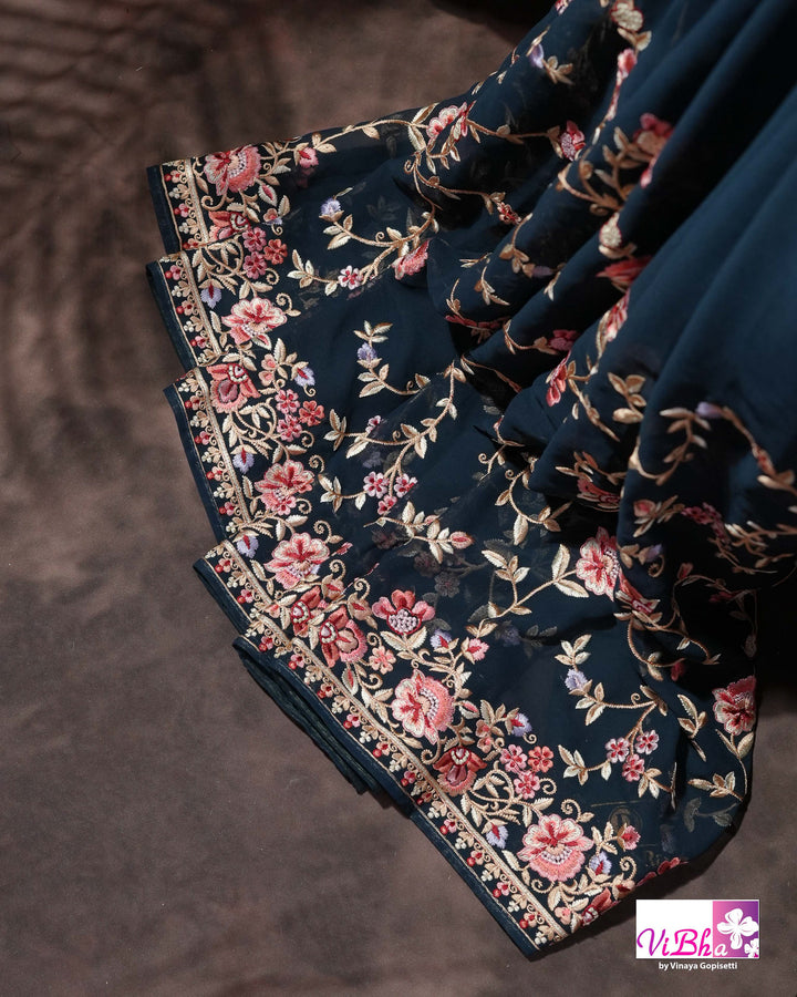 Midnight Blue Designer Saree with Pink and Gold-Toned Floral Embroidery