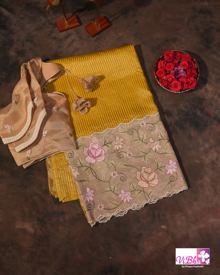 Yellow fancy banarasi with embroidered border