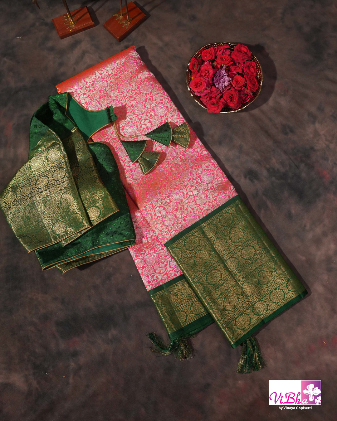 Coral Pink Kanchi Silk Saree with Floral Woven Design and Forest Green Gold Border