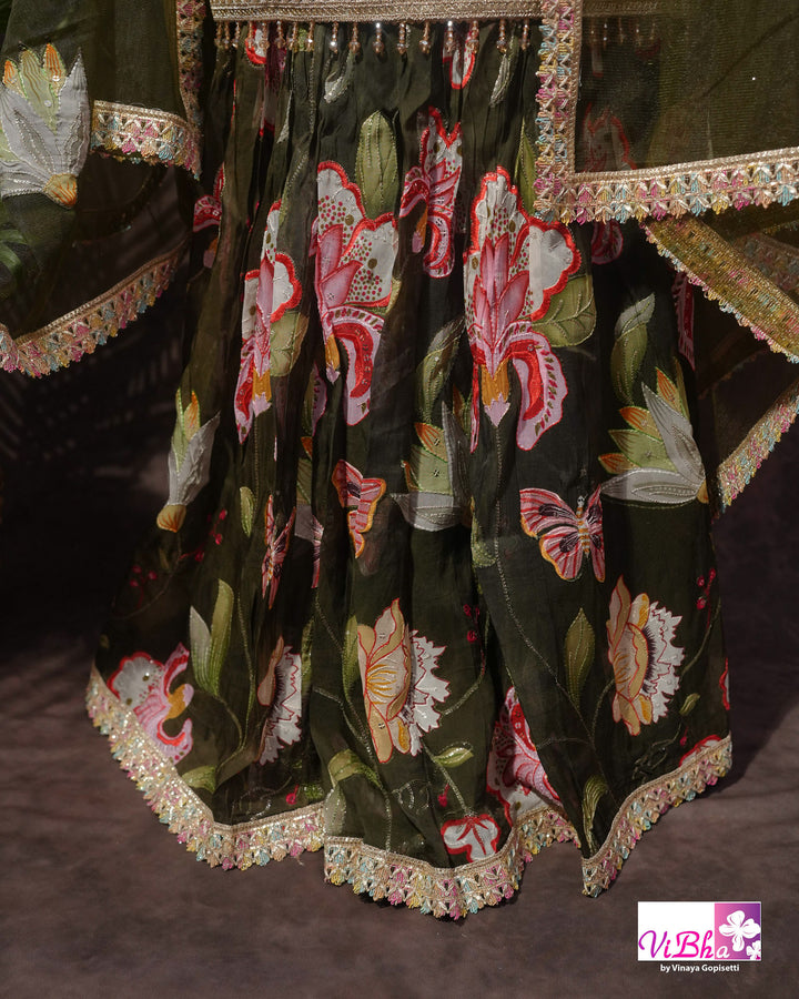 Dark Mehendi Green Floral position print high neck Gharara set