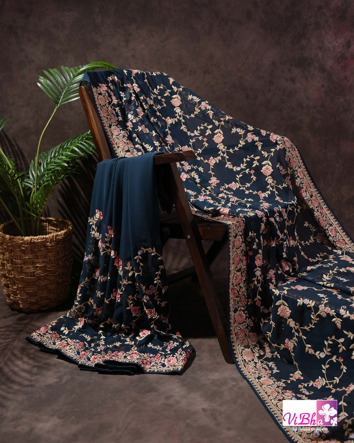 Midnight Blue Designer Saree with Pink and Gold-Toned Floral Embroidery