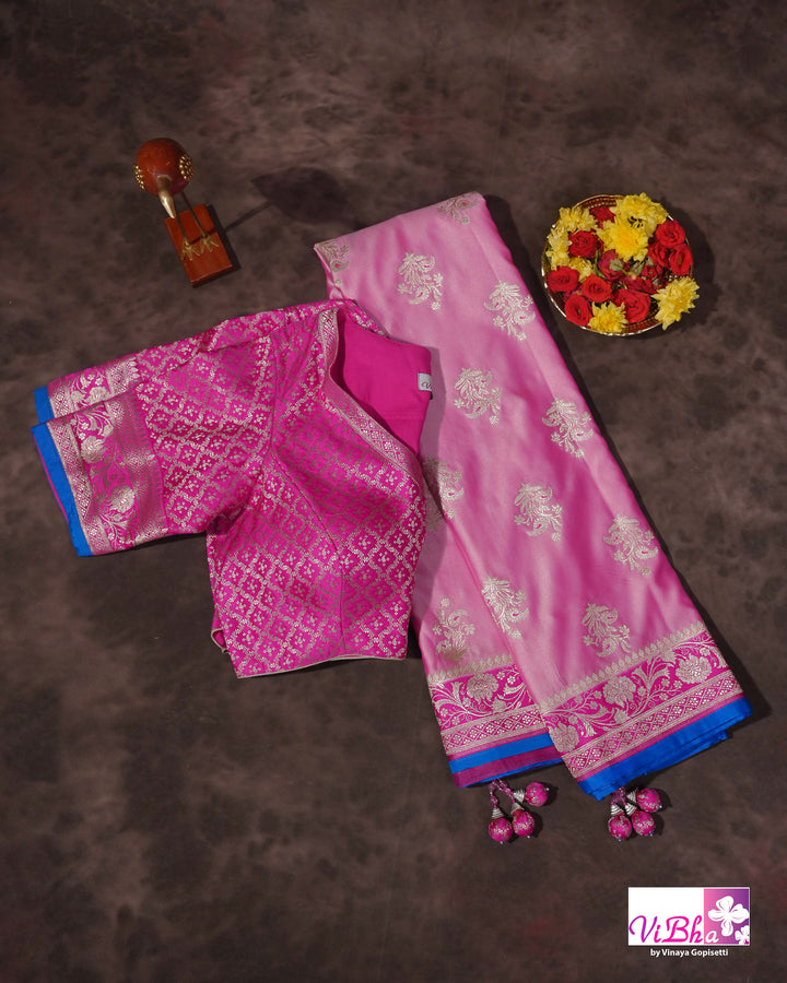 Light and dark pink with blue edge Banarasi silk saree