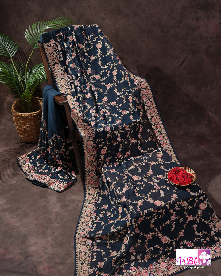 Midnight Blue Designer Saree with Pink and Gold-Toned Floral Embroidery