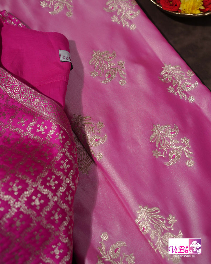 Light and dark pink with blue edge Banarasi silk saree