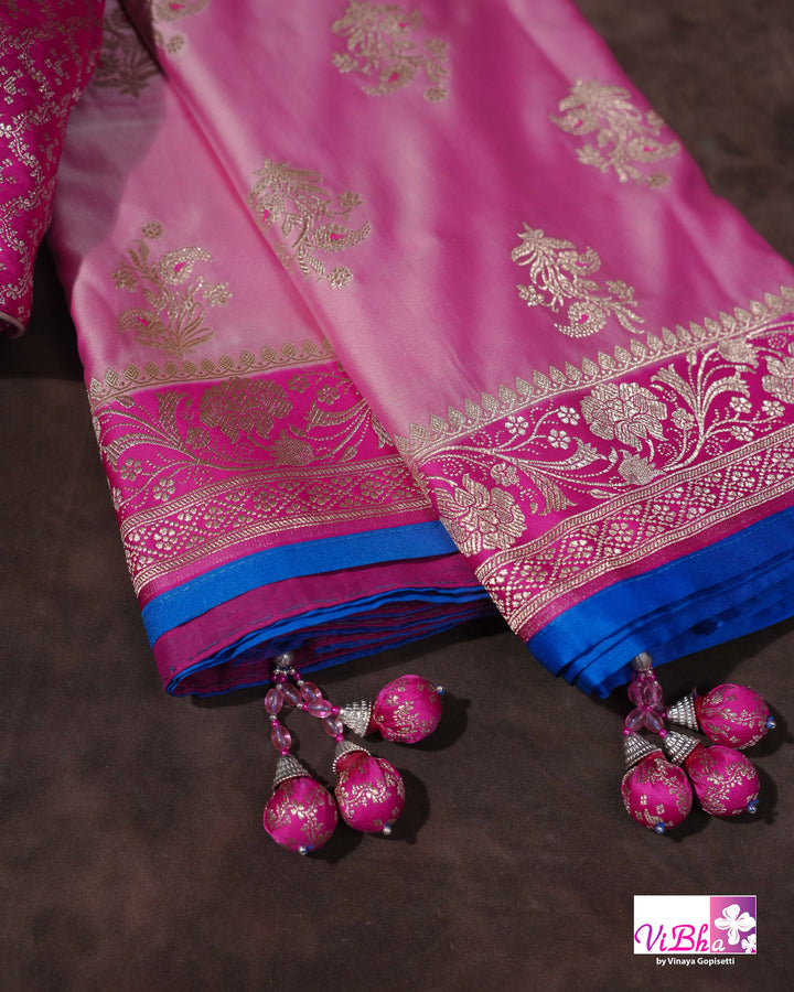 Light and dark pink with blue edge Banarasi silk saree