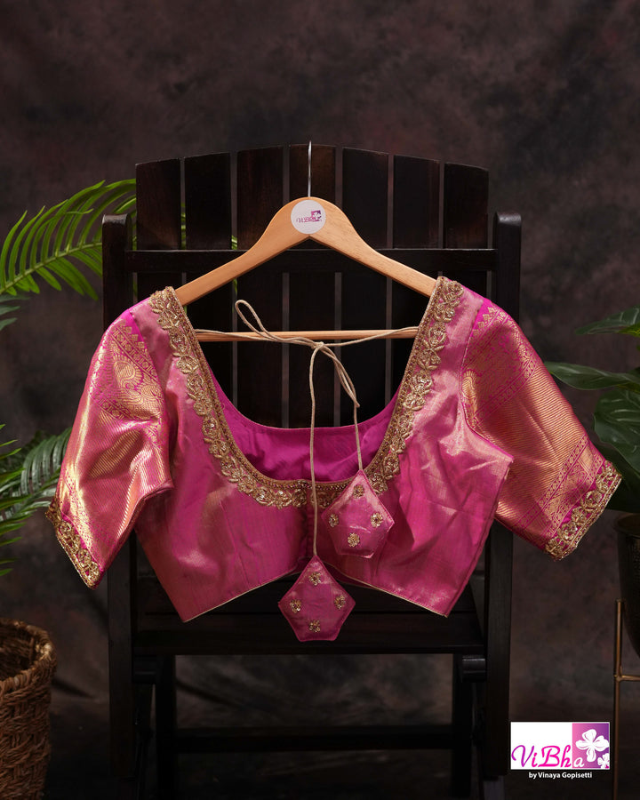 Gold Kanchi Silk Saree with Magenta Pink Border and Ornate Woven Pallu