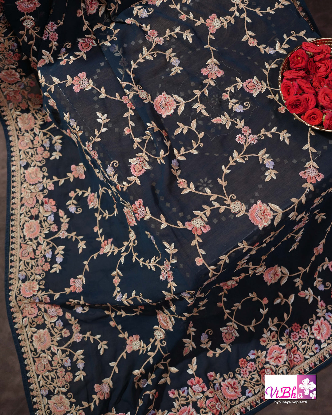 Midnight Blue Designer Saree with Pink and Gold-Toned Floral Embroidery