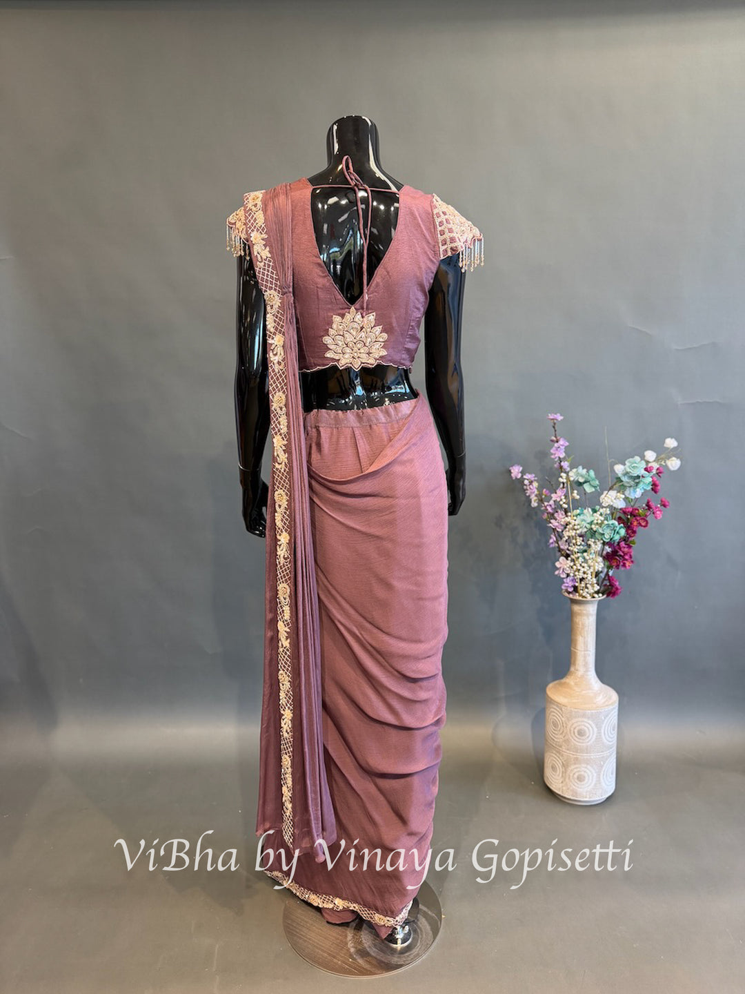 Dark Mauve Skirt Style Embroidered Drape Saree