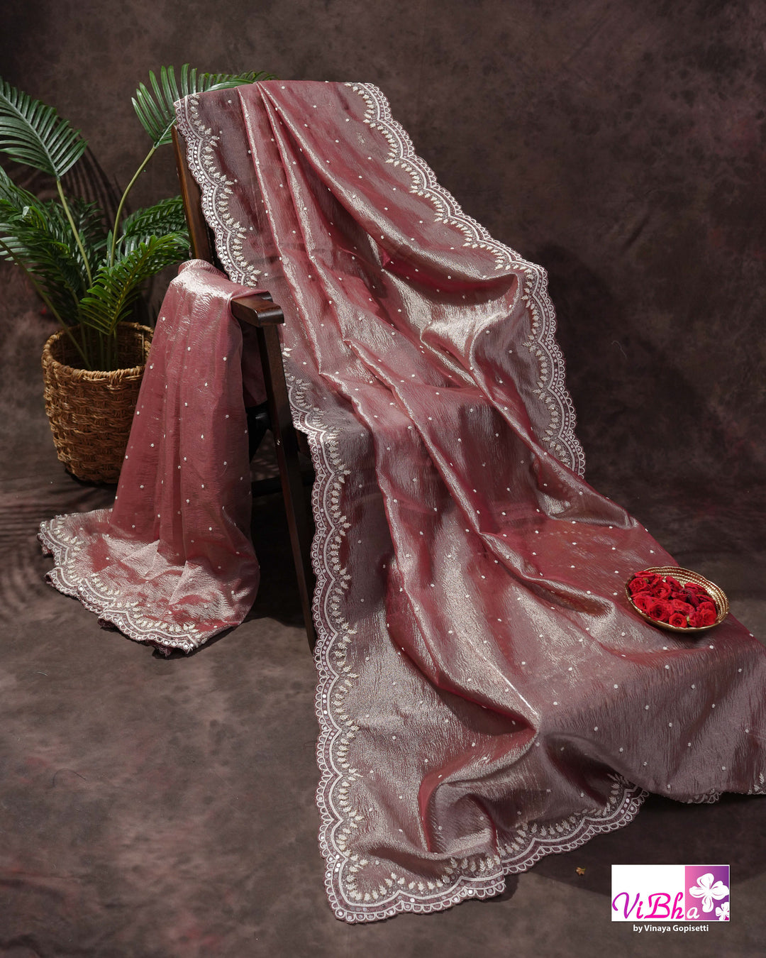Rose Mauve Shimmer Designer Saree with Embellished Scalloped Leaf Border