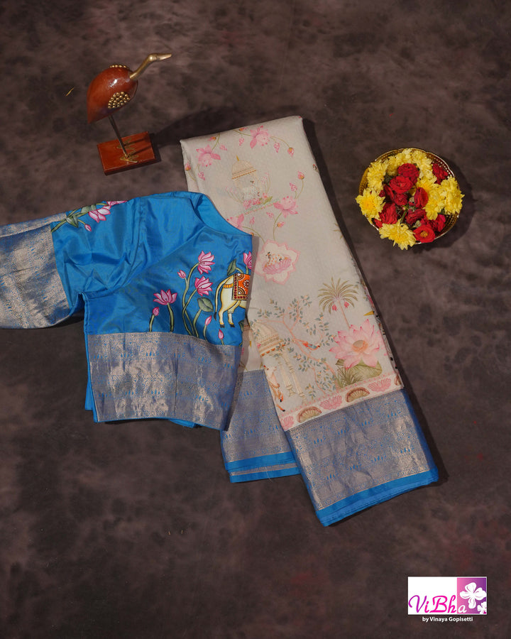Grey &amp; Sky Blue Kanchi Soft Silk Pichwai