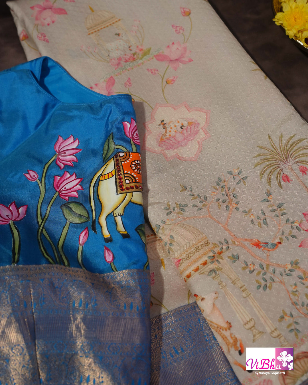 Grey &amp; Sky Blue Kanchi Soft Silk Pichwai