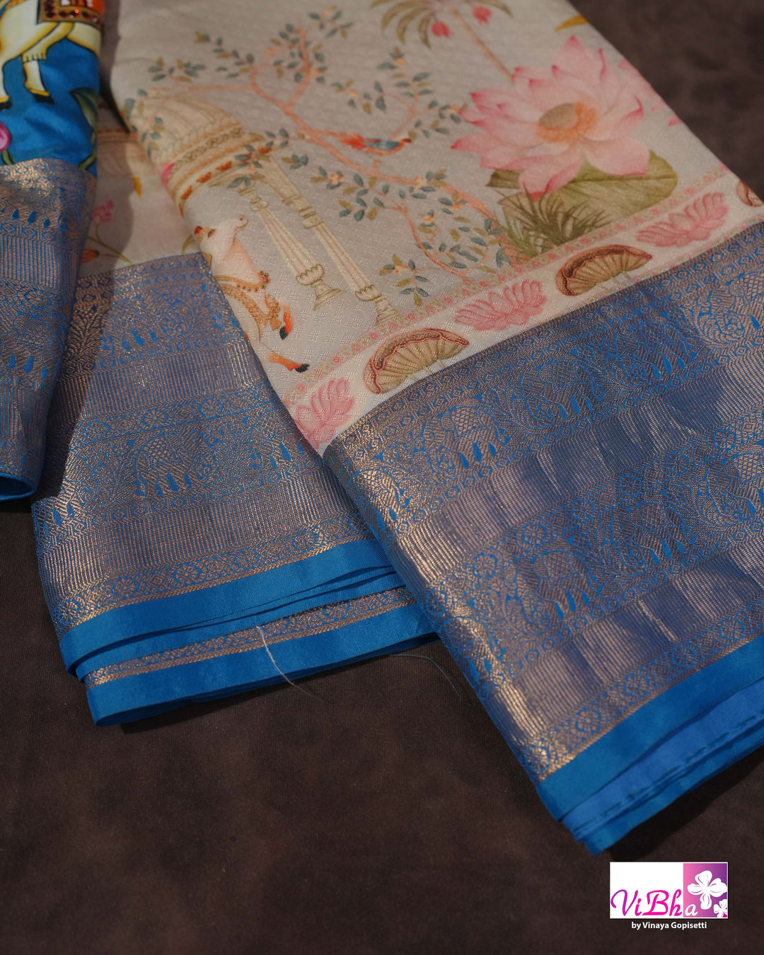 Grey &amp; Sky Blue Kanchi Soft Silk Pichwai