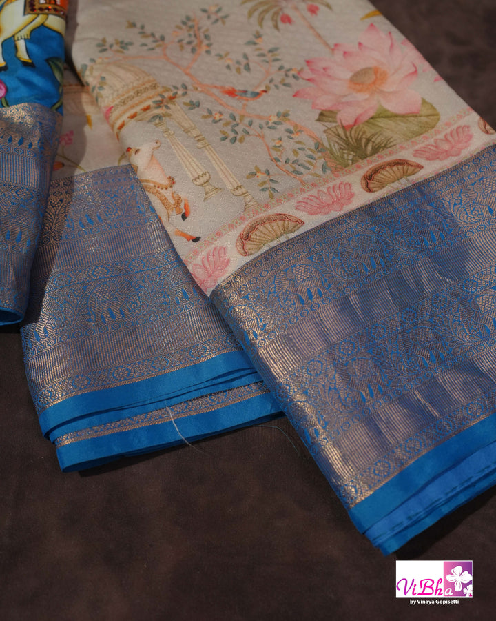 Grey &amp; Sky Blue Kanchi Soft Silk Pichwai