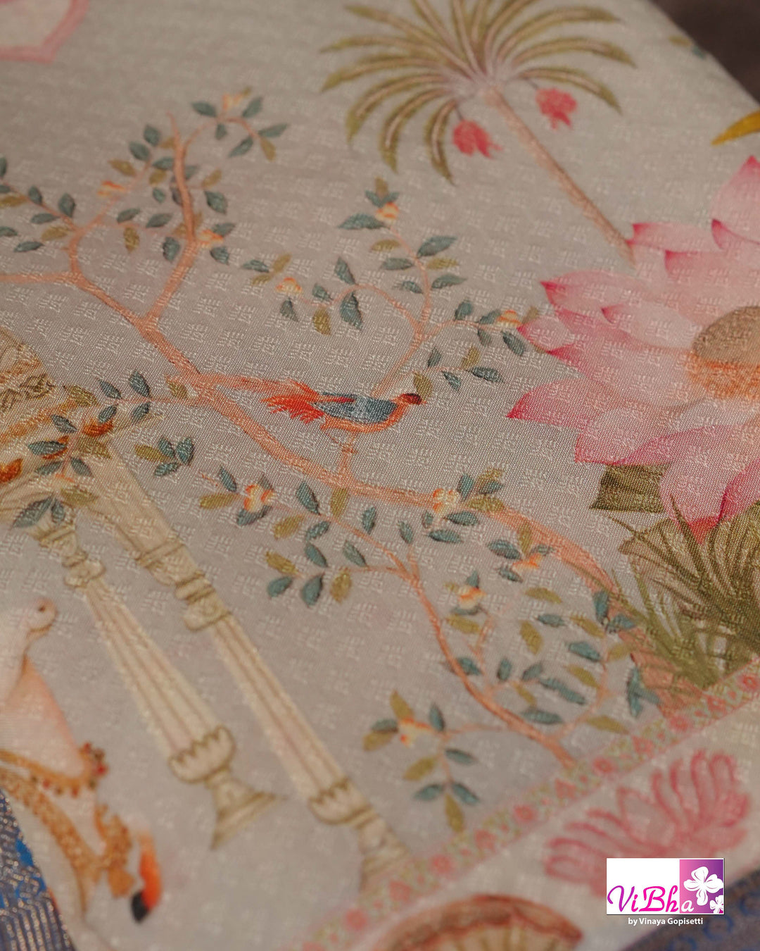 Grey &amp; Sky Blue Kanchi Soft Silk Pichwai