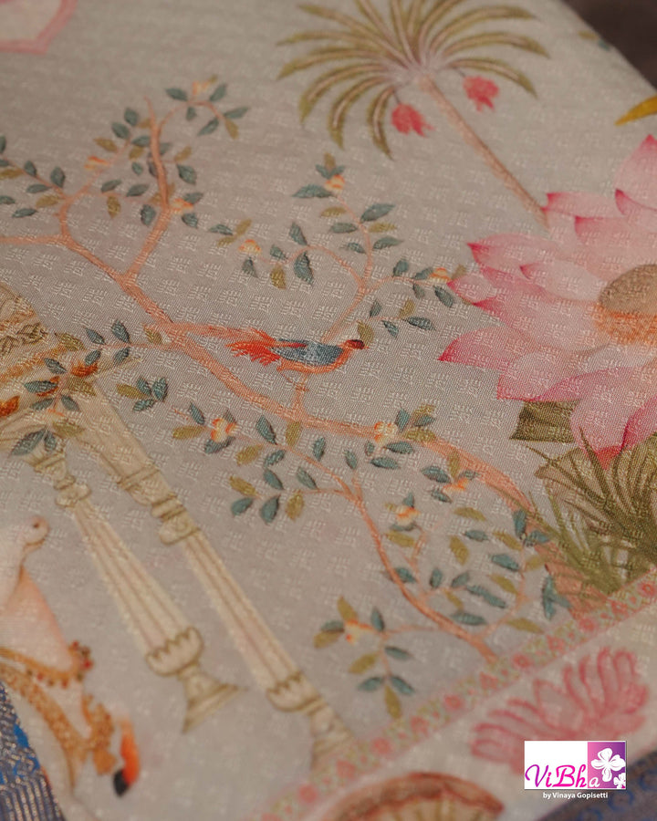 Grey &amp; Sky Blue Kanchi Soft Silk Pichwai