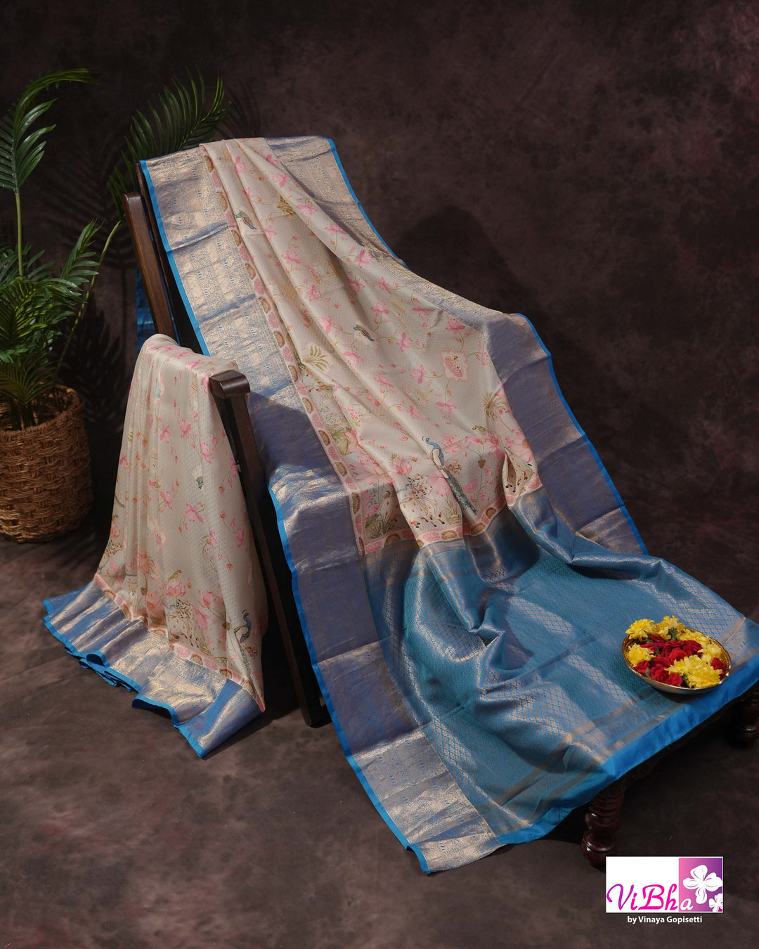 Grey &amp; Sky Blue Kanchi Soft Silk Pichwai