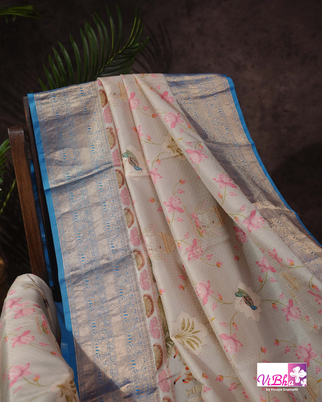 Grey &amp; Sky Blue Kanchi Soft Silk Pichwai