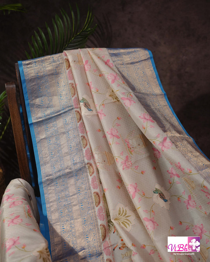 Grey &amp; Sky Blue Kanchi Soft Silk Pichwai