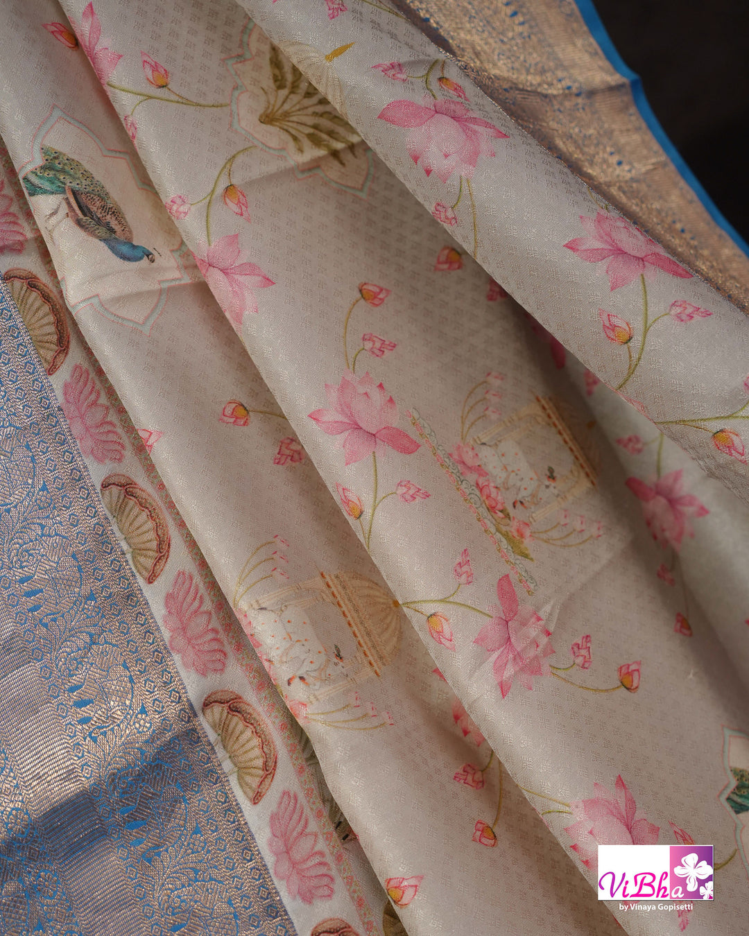 Grey &amp; Sky Blue Kanchi Soft Silk Pichwai