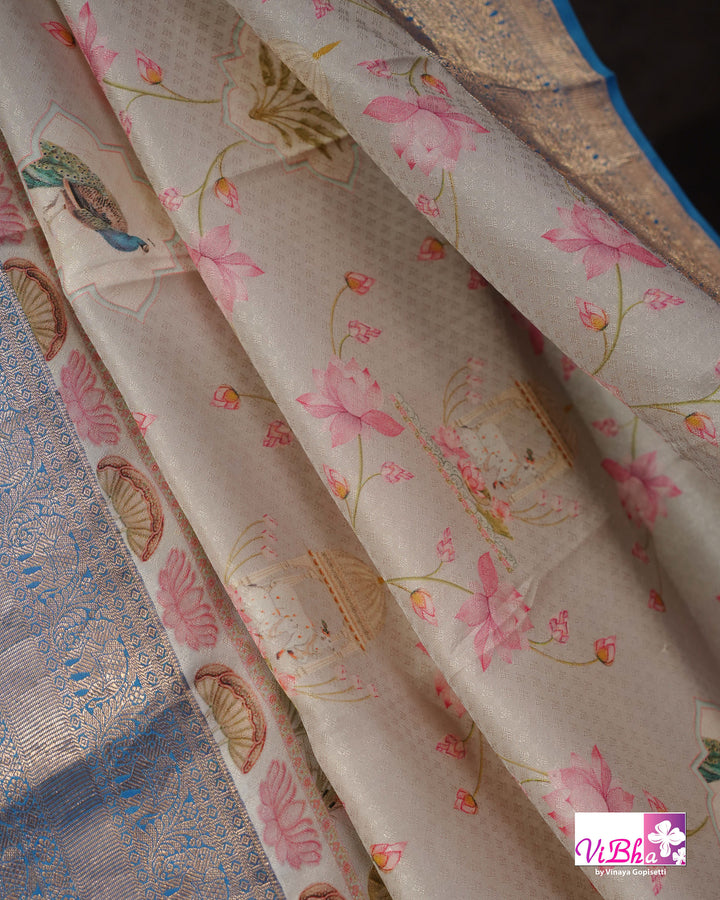 Grey &amp; Sky Blue Kanchi Soft Silk Pichwai