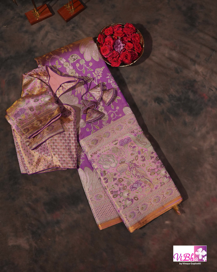 Lavender Purple Bridal Kanchi Silk Saree with Intricate Meenakari Weaving and Blouse