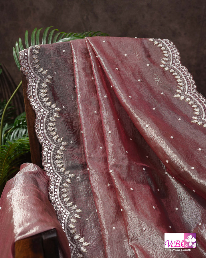 Rose Mauve Shimmer Designer Saree with Embellished Scalloped Leaf Border