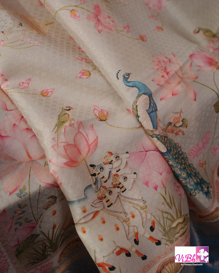 Grey &amp; Sky Blue Kanchi Soft Silk Pichwai