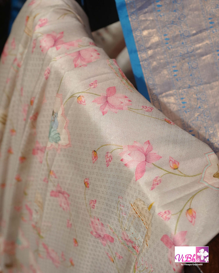 Grey &amp; Sky Blue Kanchi Soft Silk Pichwai